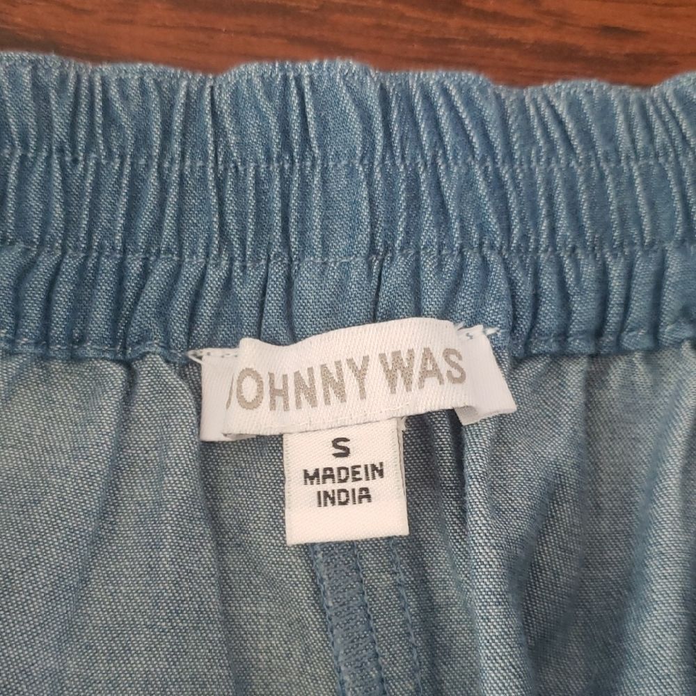 Johnny Was Chambray Blue Wide Leg Pants with White Embroidery Cotton Size Small - Picture 3 of 9